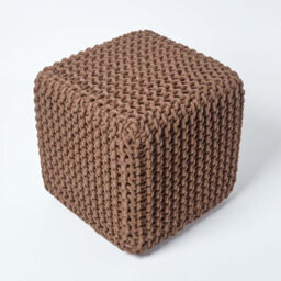 Homescapes Chocolate Brown Cube Cotton Knitted Pouffe Footstool - thumbnail 3