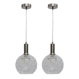 First Choice Lighting Set Of 2 Barnum - Clear Dimple Glass Globe Satin Nickel Deco Pendants - thumbnail 1