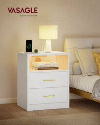 LEDREM Custos Collection - Set Of 2 Bedside Tables With Charging Station, Led Lights, Modern Side End Tables With Drawers, Open Shelf - thumbnail 1