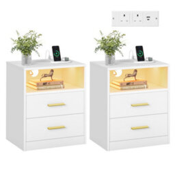 LEDREM Custos Collection - Set Of 2 Bedside Tables With Charging Station, Led Lights, Modern Side End Tables With Drawers, Open Shelf - thumbnail 2