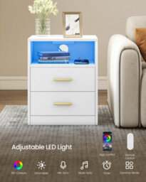 LEDREM Custos Collection - Set Of 2 Bedside Tables With Charging Station, Led Lights, Modern Side End Tables With Drawers, Open Shelf - thumbnail 4