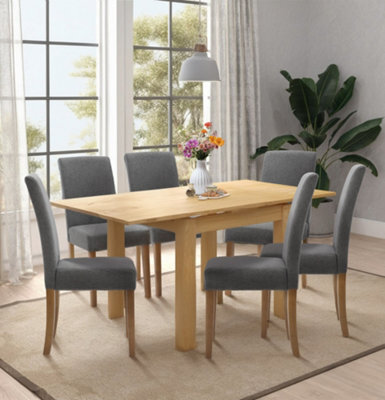 Hallowood Furniture Waverly Oak Small Extending Table With 6 Upholstered Straight Back Grey Chair With Oak Legs - image 1