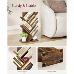 Songmics Five-Tier Tree Bookcase, Standing Corner Bookshelf, Space-Saving Storage, Bedroom Living Room Organizer, Rustic Brown - thumbnail 4