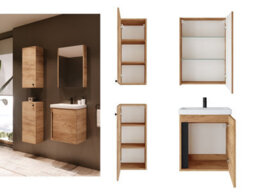 Impact Furniture Wall Hung Bathroom Cabinets Furniture Set 500mm Vanity Sink Unit With Mirror Cabinet And Storage Wall Units Oak Effect Avir - thumbnail 2