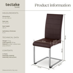 Tectake Set Of 4 Dining Chairs - Cantilevered, High Backrest, Flat Steel Frame  - Brown - thumbnail 6