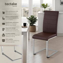 Tectake Set Of 4 Dining Chairs - Cantilevered, High Backrest, Flat Steel Frame  - Brown - thumbnail 2