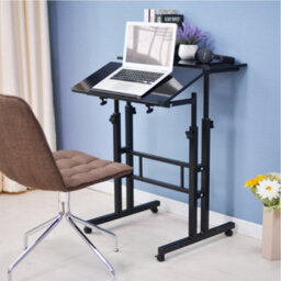 1 X Black 60X60Cm Adjustable Height Desk On Wheels Mobile Standing Computer Table Mdf - thumbnail 4