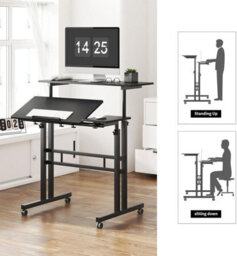 1 X Black 60X60Cm Adjustable Height Desk On Wheels Mobile Standing Computer Table Mdf - thumbnail 5