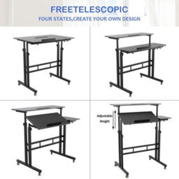 1 X Black 60X60Cm Adjustable Height Desk On Wheels Mobile Standing Computer Table Mdf - thumbnail 6