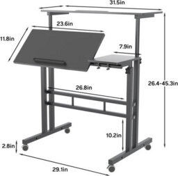 1 X Black 60X60Cm Adjustable Height Desk On Wheels Mobile Standing Computer Table Mdf - thumbnail 2