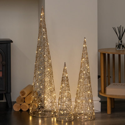 Samuel Alexander Set Of 3 Gold Light Up Gold Christmas Cones Decorations With 120 Warm White Leds - image 1