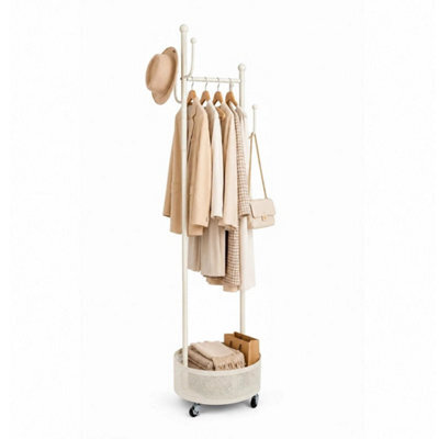 White 360 Rotating Coat Rack Wheels Basket Hooks For Bedroom Home Clothes Storage - image 1