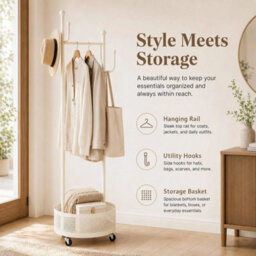 White 360 Rotating Coat Rack Wheels Basket Hooks For Bedroom Home Clothes Storage - thumbnail 6