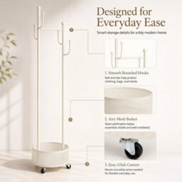 White 360 Rotating Coat Rack Wheels Basket Hooks For Bedroom Home Clothes Storage - thumbnail 4