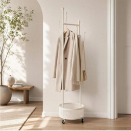 White 360 Rotating Coat Rack Wheels Basket Hooks For Bedroom Home Clothes Storage - thumbnail 5