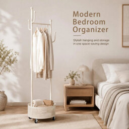 White 360 Rotating Coat Rack Wheels Basket Hooks For Bedroom Home Clothes Storage - thumbnail 3