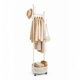 White 360 Rotating Coat Rack Wheels Basket Hooks For Bedroom Home Clothes Storage - thumbnail 1