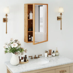 Gainoom Bathroom Wall Cabinet Bamboo Medicine Cabinet With Mirror & 2 Removable Shelves - thumbnail 3