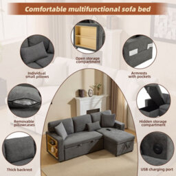 3 Seater L-Shaped Corner Sofa Bed With Pull-Out Section, Open Storage And Integrated Shelf, Dark Grey - thumbnail 3