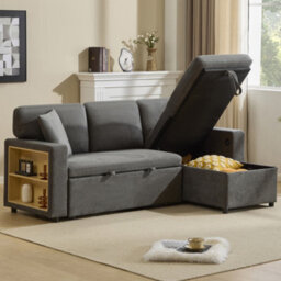 3 Seater L-Shaped Corner Sofa Bed With Pull-Out Section, Open Storage And Integrated Shelf, Dark Grey - thumbnail 1
