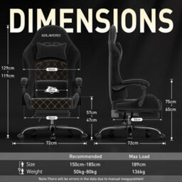 Precision Synergie Fabric Gaming Chair, Massage Computer Chair With Footrest, Lumbar Support & Height Adjustable For Home, Black - thumbnail 3