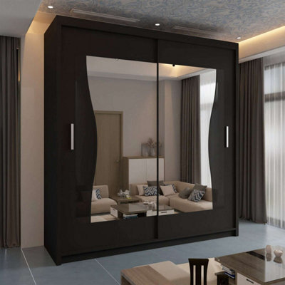 Sliding Wardrobes 4 u LTD Modern Wardrobe With Led Light Double Sliding Door Stylish Mirrored Wardrobe - Black 150Cm - image 1