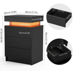 Black 3Drawer High Gloss Bedside Table Cabinet Led Rgb Light Storage Nightstand - thumbnail 2