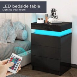 Black 3Drawer High Gloss Bedside Table Cabinet Led Rgb Light Storage Nightstand - thumbnail 3