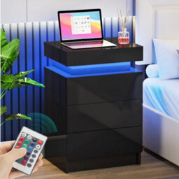 Black 3Drawer High Gloss Bedside Table Cabinet Led Rgb Light Storage Nightstand - thumbnail 4