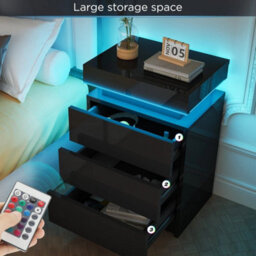 Black 3Drawer High Gloss Bedside Table Cabinet Led Rgb Light Storage Nightstand - thumbnail 5