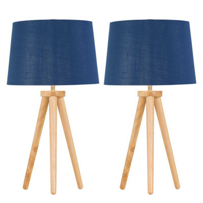 First Choice Lighting Set Of 2 Light Oak Table Lamp Or Bedside Lights With Navy Silver Shade - image 1