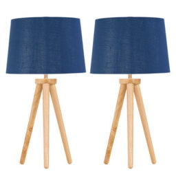 First Choice Lighting Set Of 2 Light Oak Table Lamp Or Bedside Lights With Navy Silver Shade
