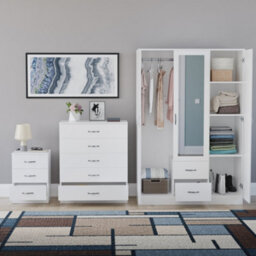 Lassic Vida Designs Riano 3 Piece Bedroom Set (3 Drawer Bedside Chest, 5 Drawer Chest, 3 Door 2 Drawer Mirrored Wardrobe), White - thumbnail 2