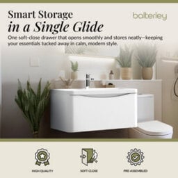 Balterley Dunwood Contemporary Bathroom Wall Hung 1 Drawer Vanity & Polymarble Basin, Satin White, 800mm - thumbnail 2