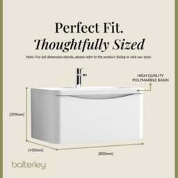 Balterley Dunwood Contemporary Bathroom Wall Hung 1 Drawer Vanity & Polymarble Basin, Satin White, 800mm - thumbnail 5