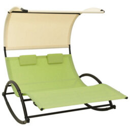 Berkfield Double Sun Lounger With Canopy Textilene Green And Cream - thumbnail 1
