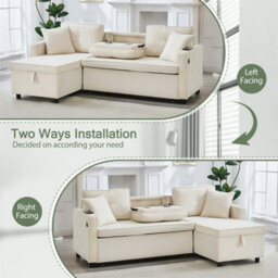 Abrihome L-Shaped Pull Out Sleep Sofabed, Modern Reversible Sleeper Sectional Sofa, 3 In 1 Convertible Sofa Bed With Storage Chaise, Beige - thumbnail 6