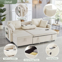 Abrihome L-Shaped Pull Out Sleep Sofabed, Modern Reversible Sleeper Sectional Sofa, 3 In 1 Convertible Sofa Bed With Storage Chaise, Beige - thumbnail 2