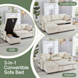 Abrihome L-Shaped Pull Out Sleep Sofabed, Modern Reversible Sleeper Sectional Sofa, 3 In 1 Convertible Sofa Bed With Storage Chaise, Beige - thumbnail 4