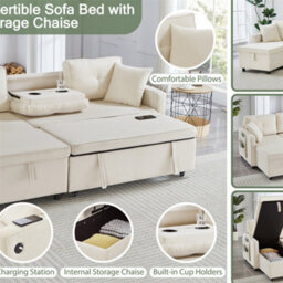 Abrihome L-Shaped Pull Out Sleep Sofabed, Modern Reversible Sleeper Sectional Sofa, 3 In 1 Convertible Sofa Bed With Storage Chaise, Beige - thumbnail 5