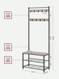 Songmics Vasagle Coat Rack With Shoe Shelf, Entrance Cabinet With Bench, 3-In-1 Steel Frame, For Entryway, Hallway - thumbnail 6