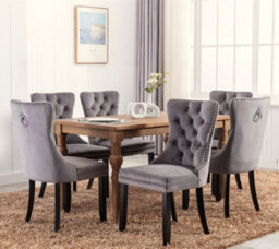 HomeTouch Set Of 6 Lux Grey Velvet Kitchen Dining Chairs With Pull Knocker Ring Back Home Office Bedroom Chairs