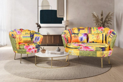 Gold Patchwork Fabric 2 + 1 Seat Sofa And Chair Set For Living Room & Office Daisy - image 1