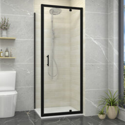 Sundaze 800mm Pivot Door Shower Enclosure Matt Black Framed 800mm With Side Panel, White Slate Effect Shower Tray & Waste - thumbnail 1