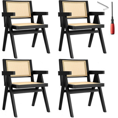 Tectake Set Of 4 Dining Chair Lizzy With Mid-Century Modern Design, Rattan Backrest And Solid Wood Frame  - Black - image 1