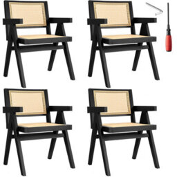 Tectake Set Of 4 Dining Chair Lizzy With Mid-Century Modern Design, Rattan Backrest And Solid Wood Frame  - Black