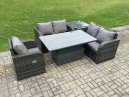 Fimous Rattan Furniture Garden Dining Set Outdoor Height Adjustable Rising Lifting Table Love Sofa Chair With Side Table - thumbnail 2