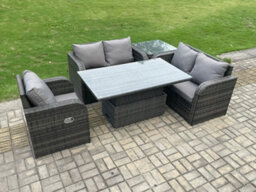 Fimous Rattan Furniture Garden Dining Set Outdoor Height Adjustable Rising Lifting Table Love Sofa Chair With Side Table - thumbnail 1