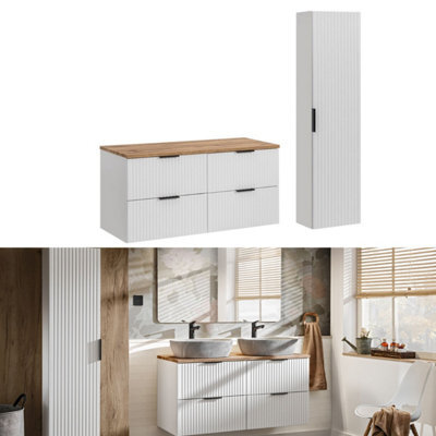 Impact Furniture Bathroom Furniture Set White Double Vanity Unit Oak Worktop Drawers Ribbed Fluted Wall Tall Storage Cabinet Adel - image 1