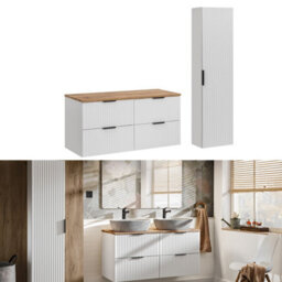 Impact Furniture Bathroom Furniture Set White Double Vanity Unit Oak Worktop Drawers Ribbed Fluted Wall Tall Storage Cabinet Adel - thumbnail 1